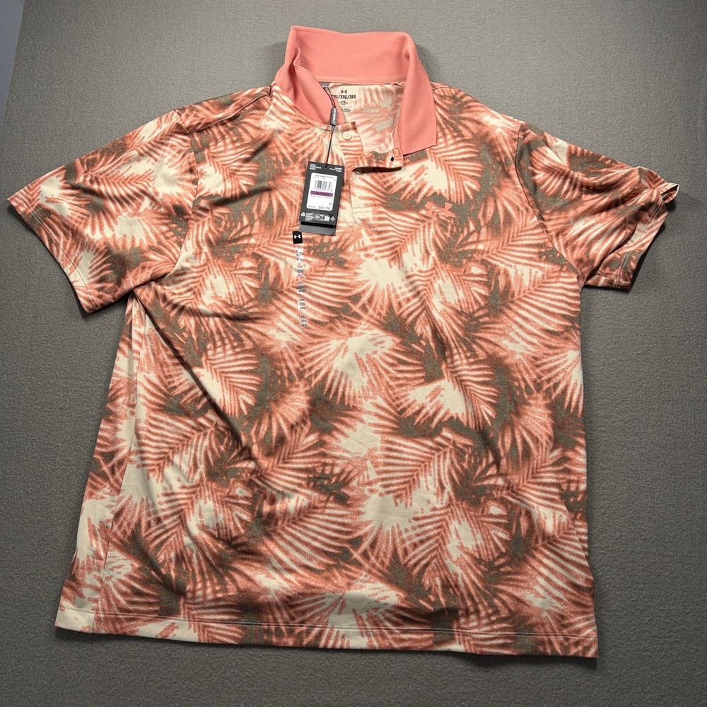 Under Armour Matchplay Printed Polo Mens 2XL Pink Orange Palm Leaf 1377377-696